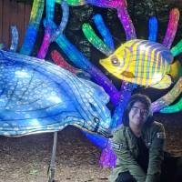 person sitting on ground next to light up fish statue